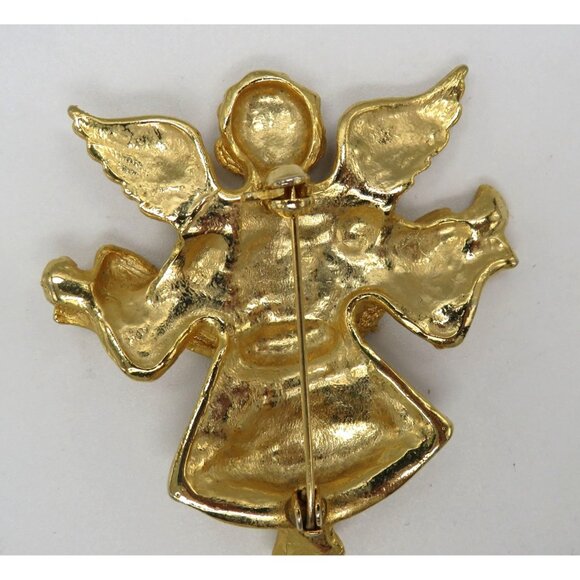 Angel Brooch Gold Tone Clear Rhinestones 2" Pin Peace Banner Glitter Enamel - Picture 14 of 14